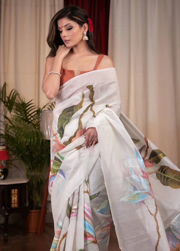 White Kalamkari Beautifull Saree with Blouse Piece