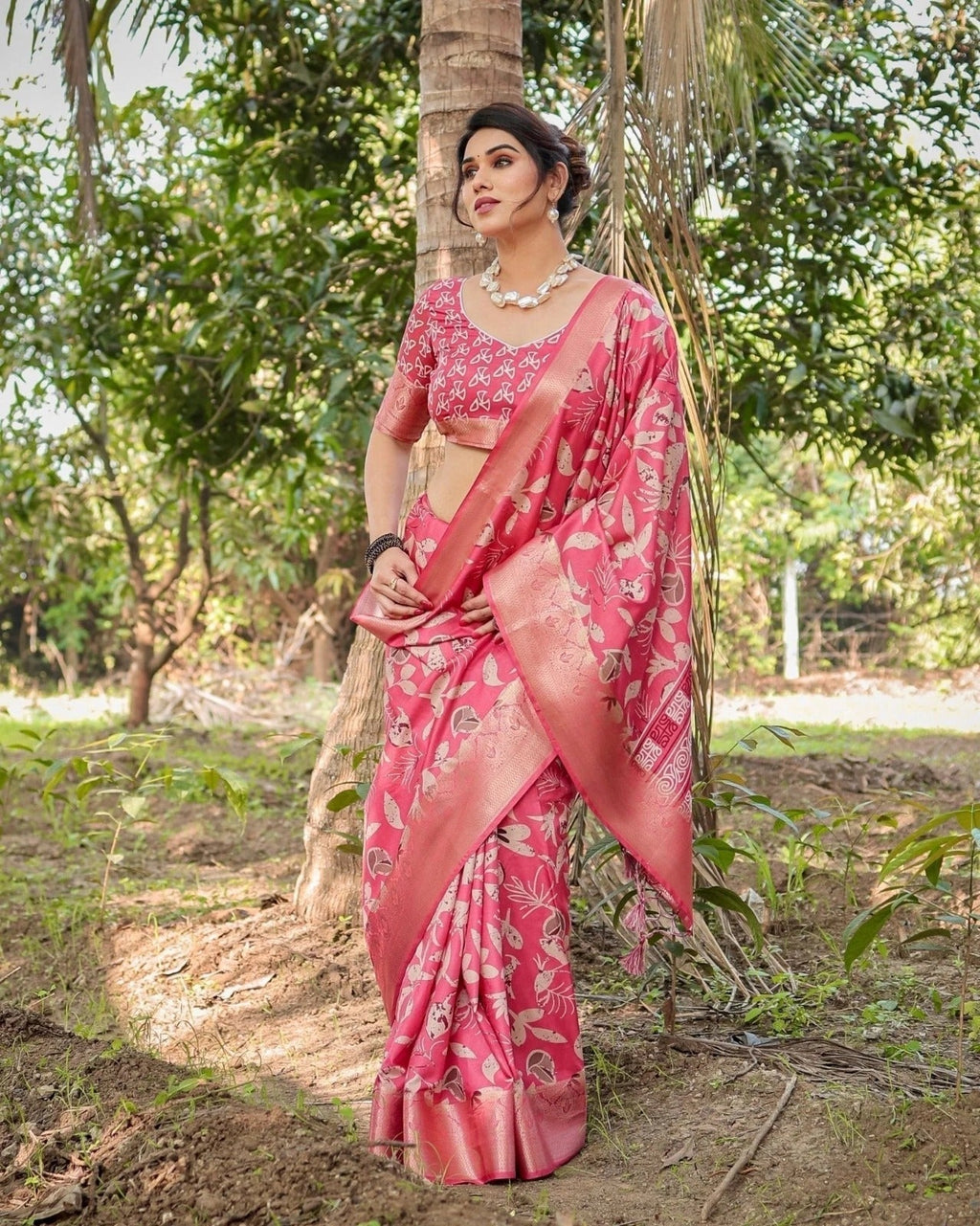 Vibrant Pink Tussar Silk Saree with Intricate Zari Border and Modern Floral Pallu