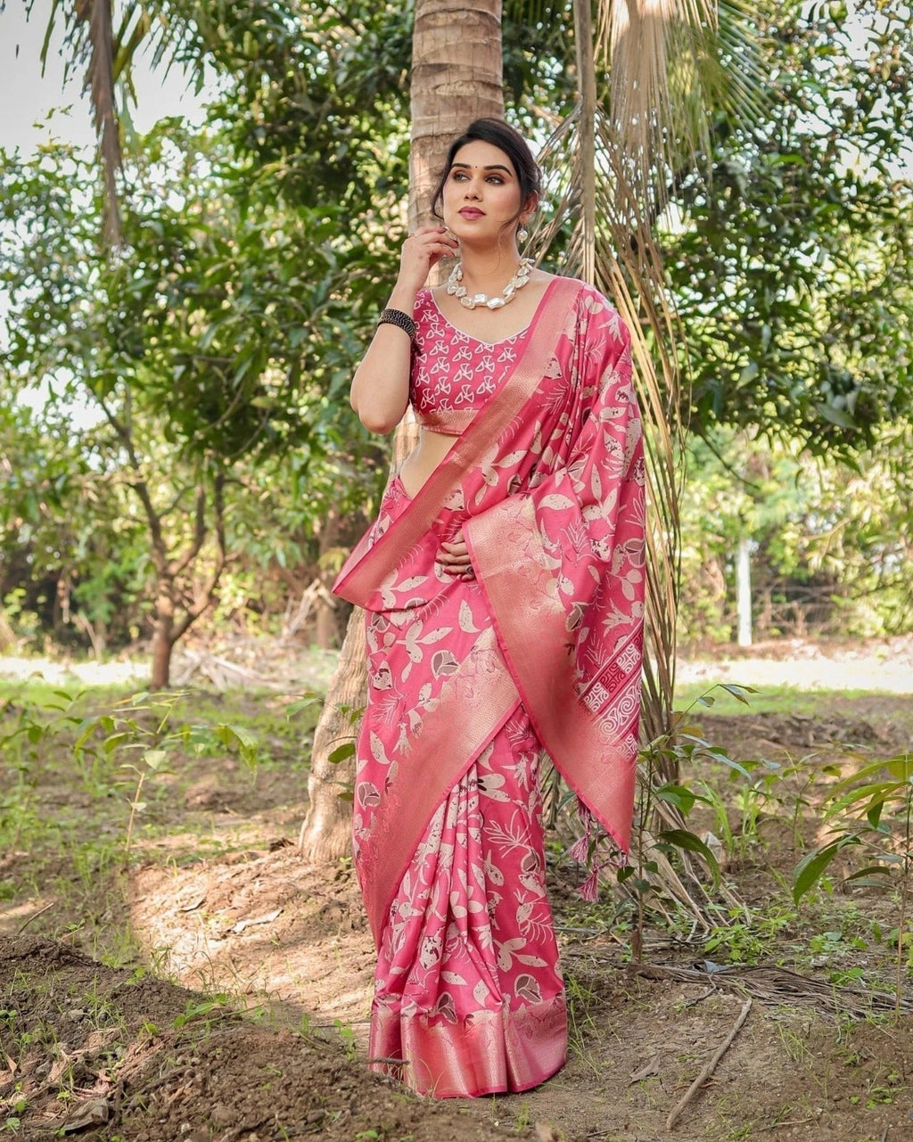 Vibrant Pink Tussar Silk Saree with Intricate Zari Border and Modern Floral Pallu