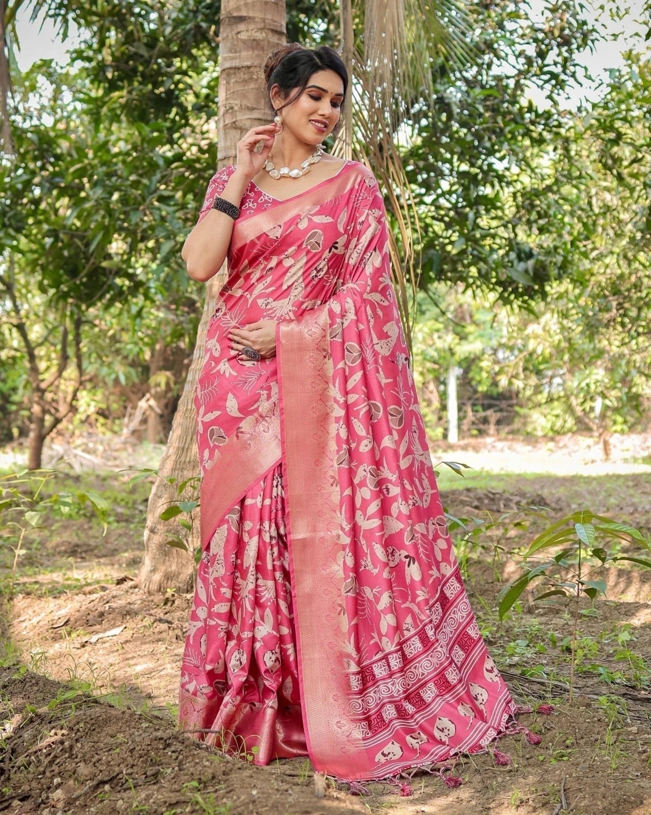 Vibrant Pink Tussar Silk Saree with Intricate Zari Border and Modern Floral Pallu