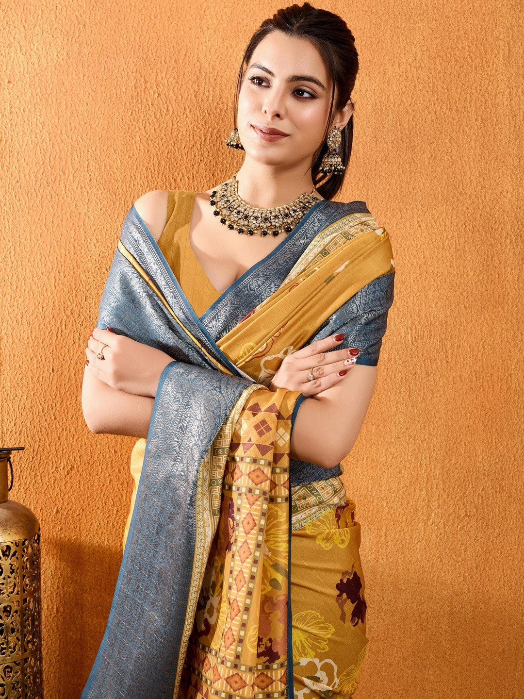 Yellow Floral Printed Zari Pure Crepe Saree