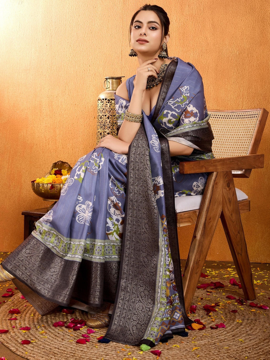 Blue Floral Printed Zari Pure Crepe Saree