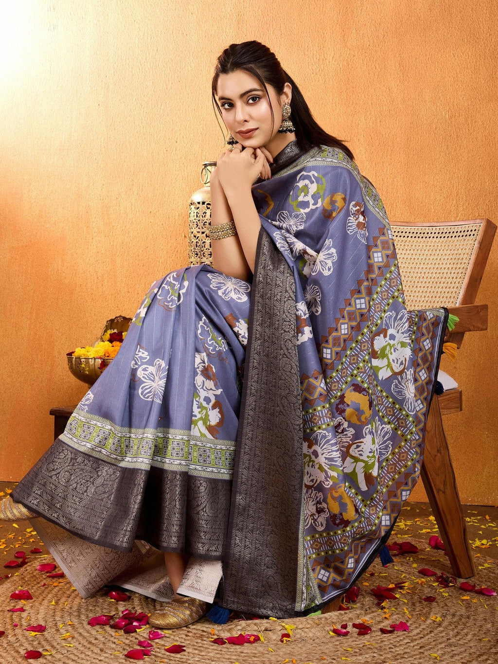 Blue Floral Printed Zari Pure Crepe Saree