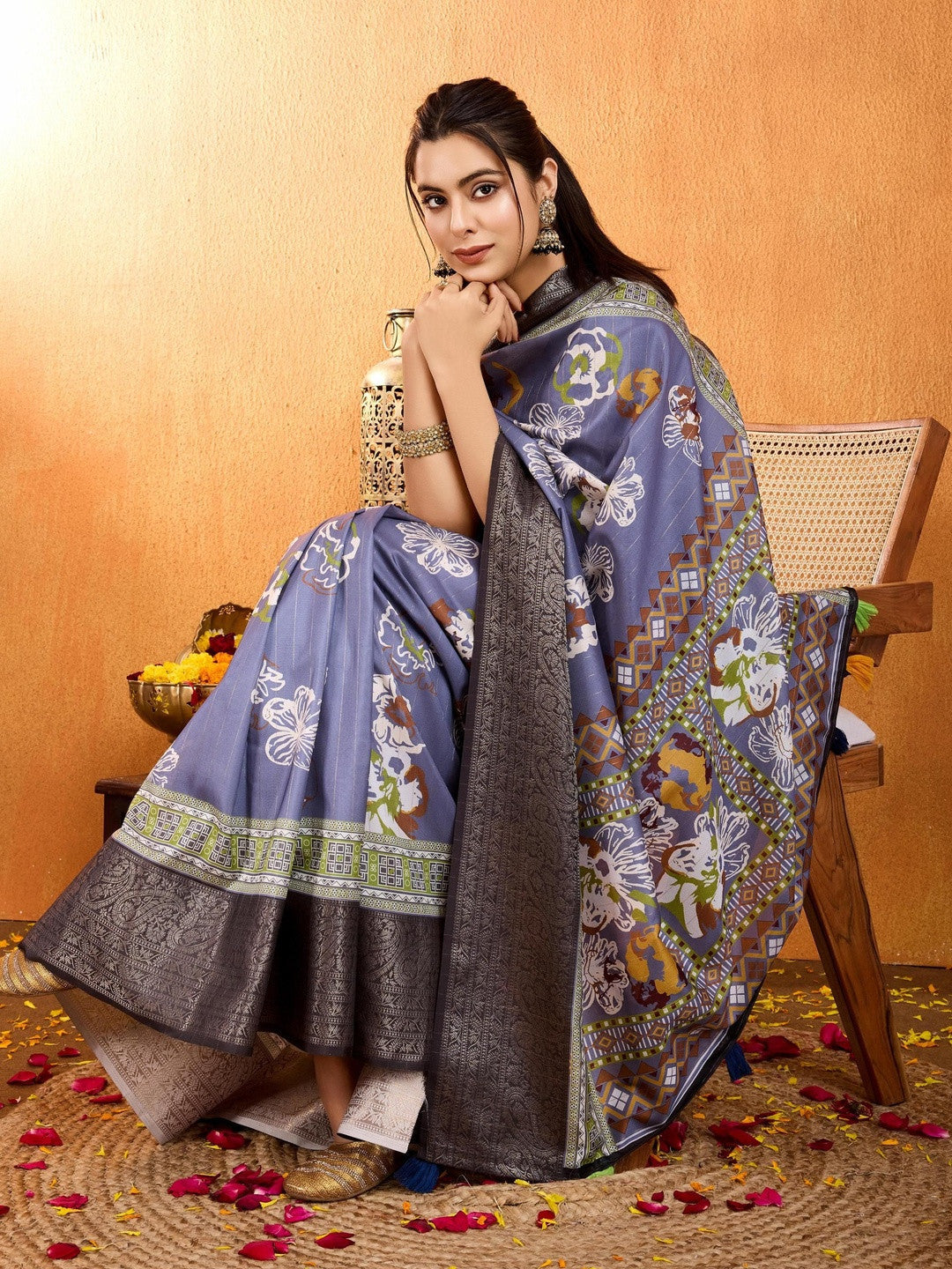 Blue Floral Printed Zari Pure Crepe Saree