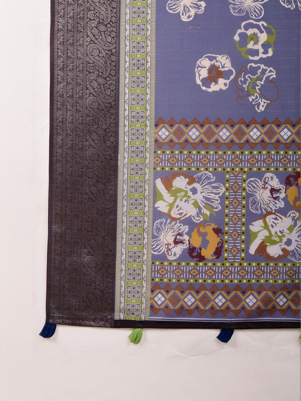 Blue Floral Printed Zari Pure Crepe Saree