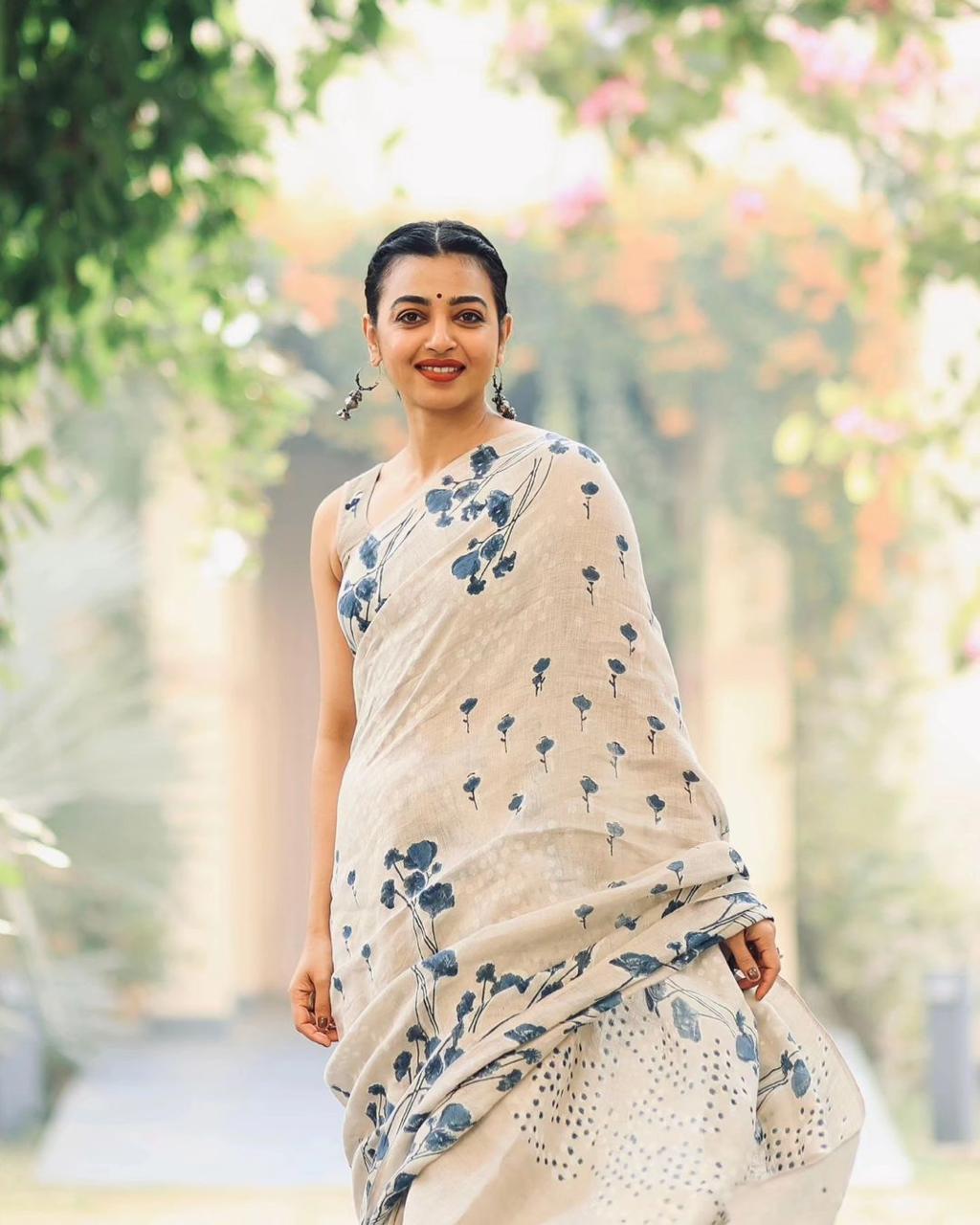 White Designer Printed Linen Saree