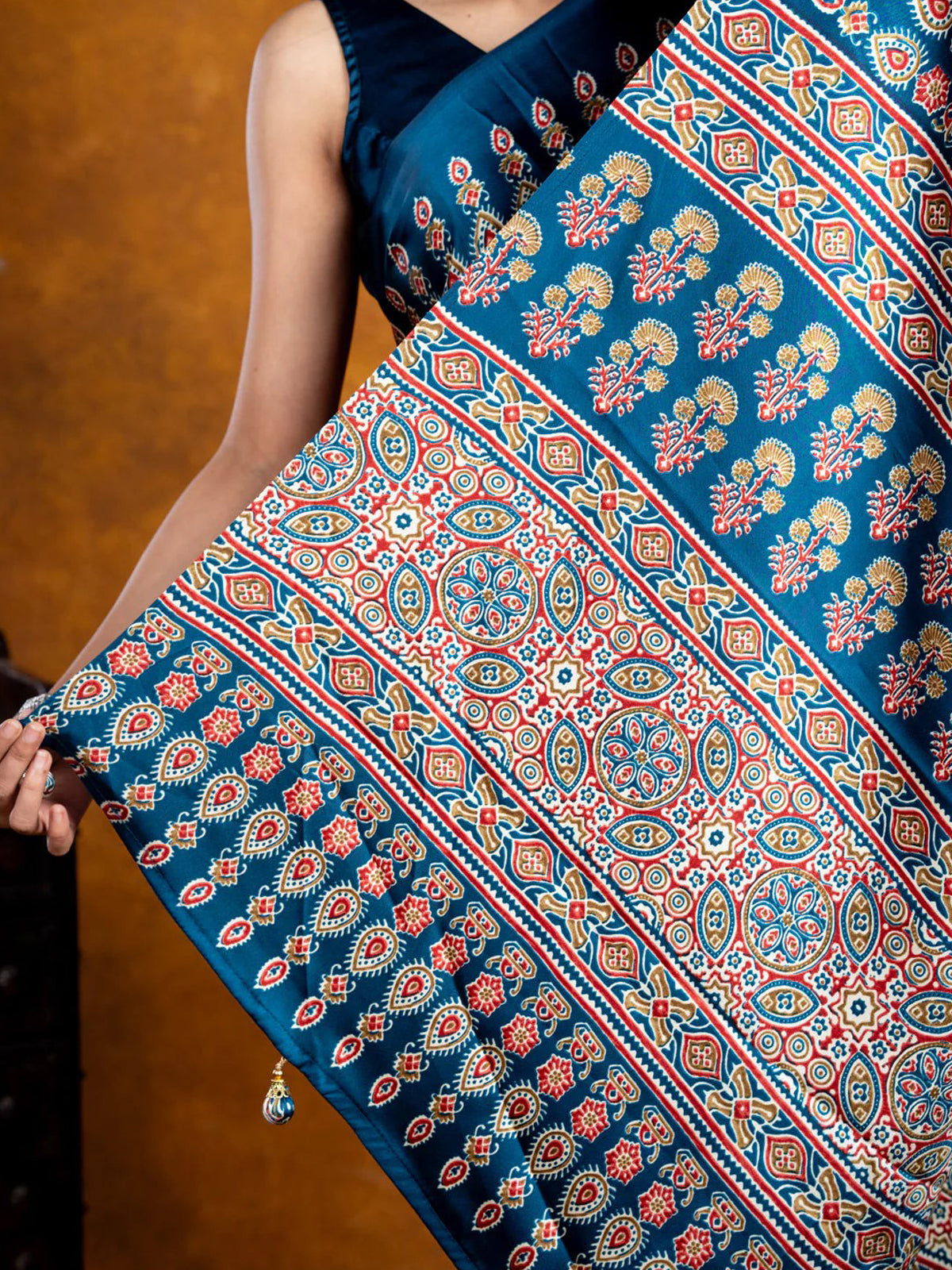 Morpich Ajrakh Modal Silk Saree