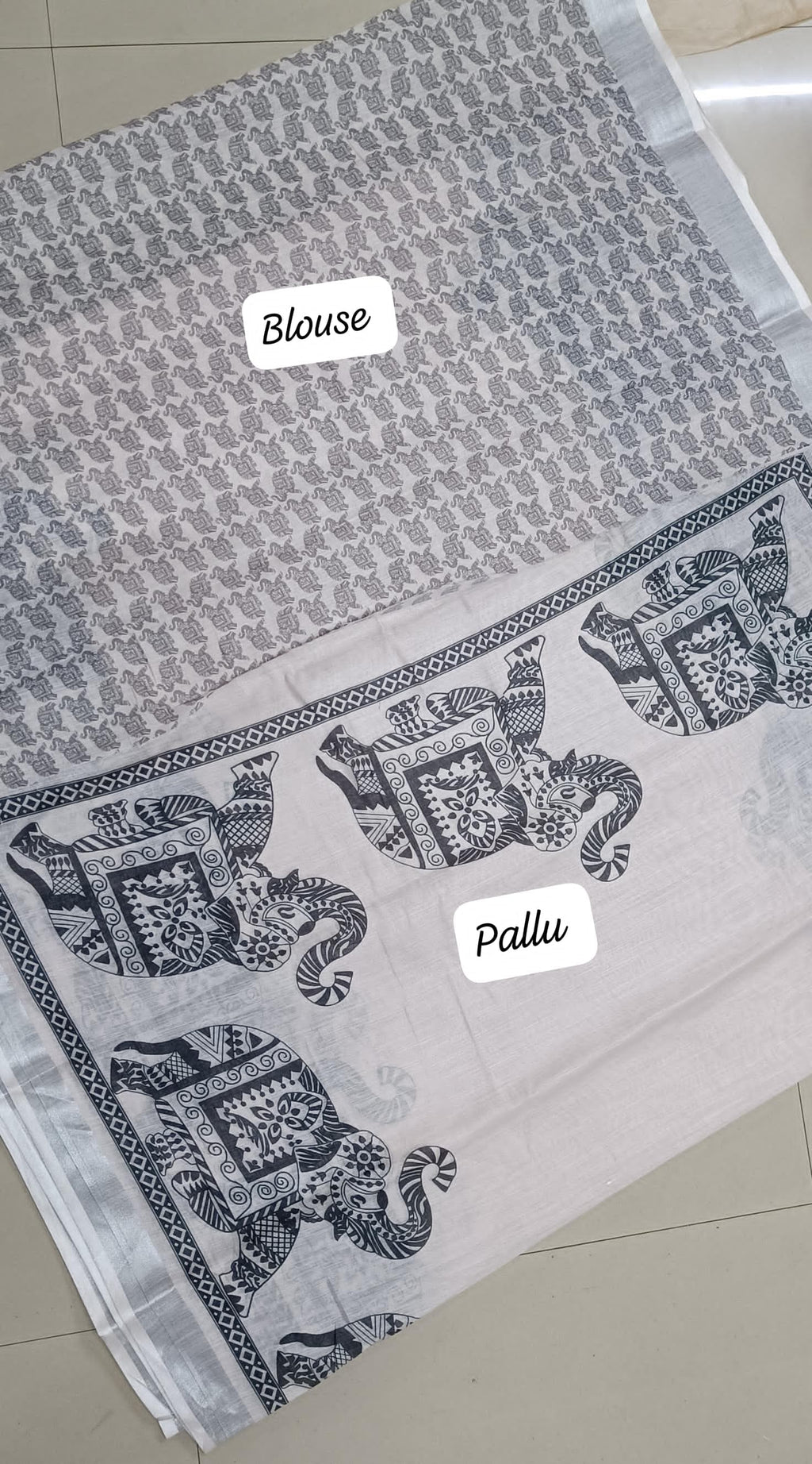 Black Printed over White Designer Linen Saree